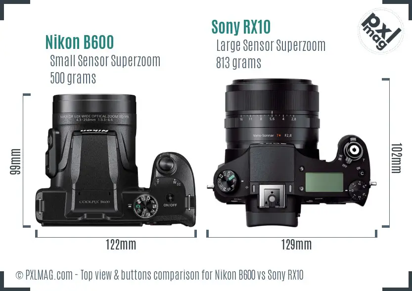 Nikon B600 vs Sony RX10 top view buttons comparison