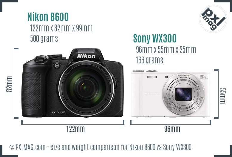 Nikon B600 vs Sony WX300 size comparison