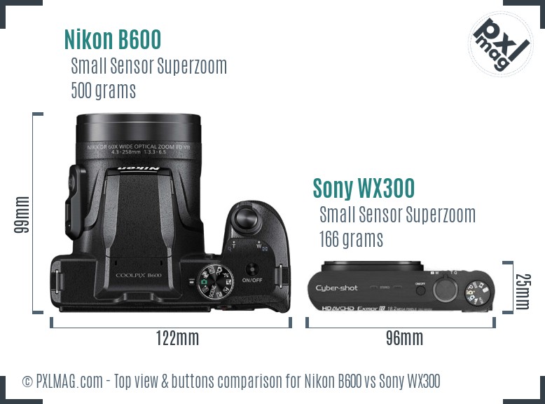 Nikon B600 vs Sony WX300 top view buttons comparison