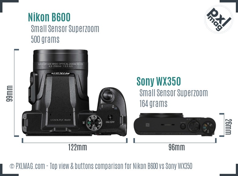 Nikon B600 vs Sony WX350 top view buttons comparison