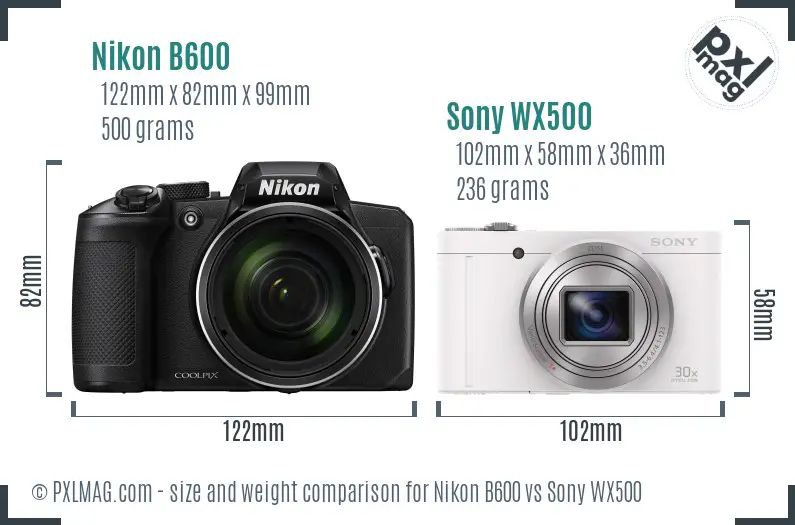 Nikon B600 vs Sony WX500 size comparison