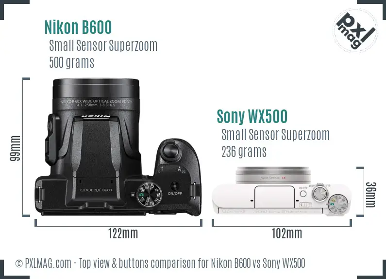 Nikon B600 vs Sony WX500 top view buttons comparison