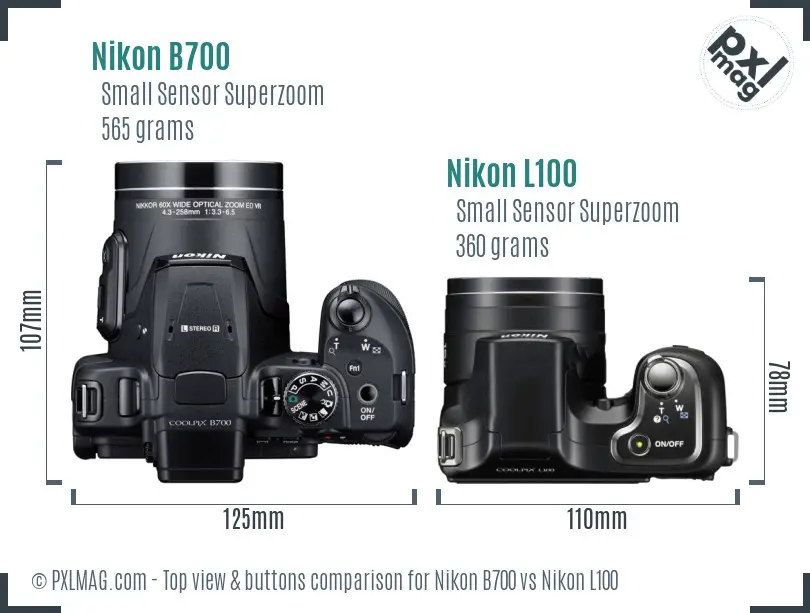 Nikon B700 vs Nikon L100 top view buttons comparison Nikon B700 vs Nikon L100 top view buttons comparison