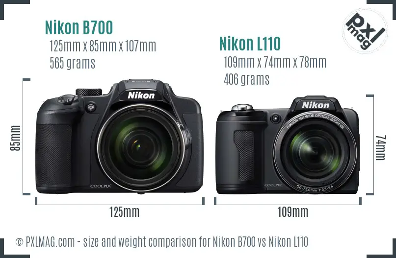 Nikon B700 vs Nikon L110 size comparison