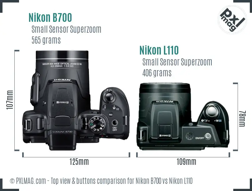 Nikon B700 vs Nikon L110 top view buttons comparison