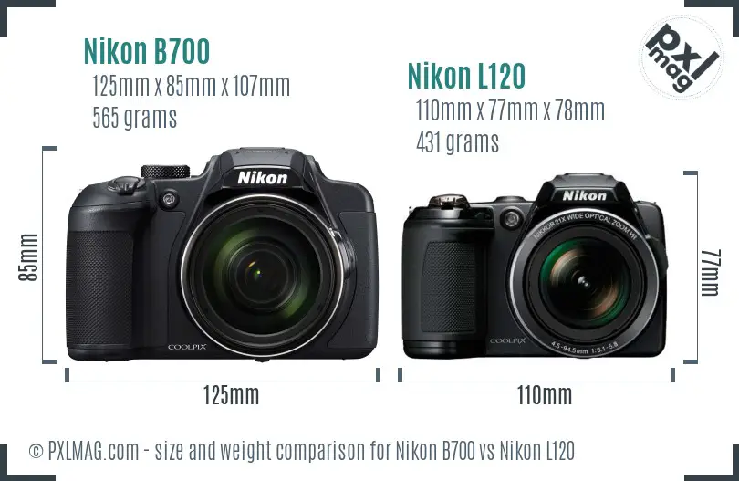 Nikon B700 vs Nikon L120 size comparison
