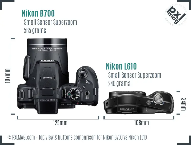 Nikon B700 vs Nikon L610 top view buttons comparison