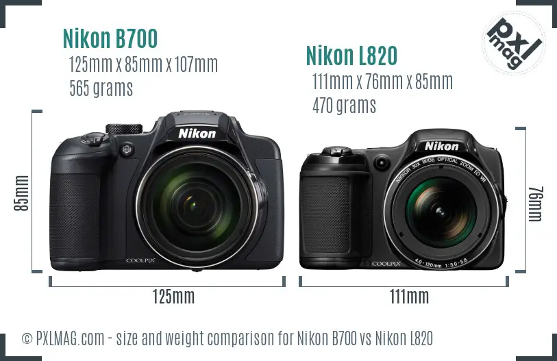 Nikon B700 vs Nikon L820 size comparison