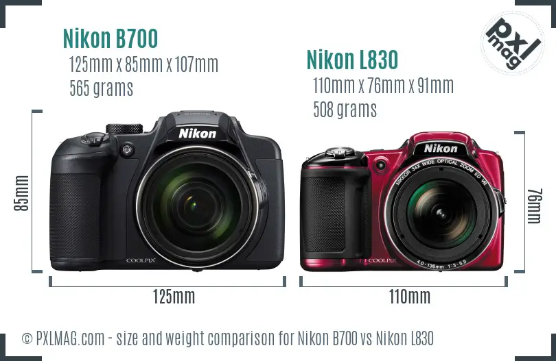 Nikon B700 vs Nikon L830 size comparison