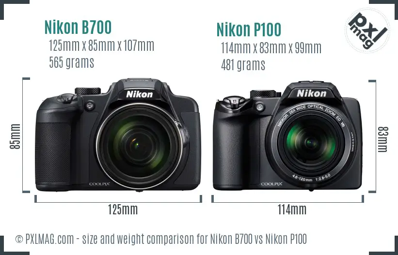 Nikon B700 vs Nikon P100 size comparison