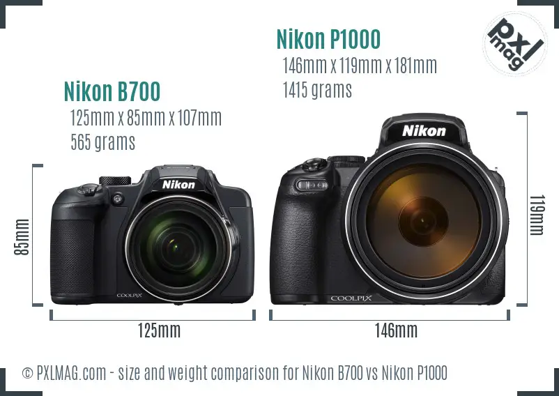 Nikon B700 vs Nikon P1000 size comparison