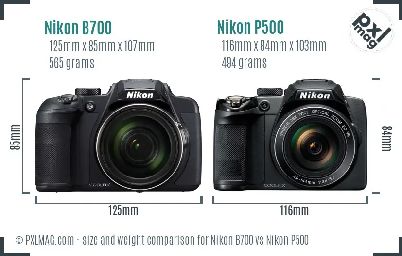Nikon B700 vs Nikon P500 size comparison