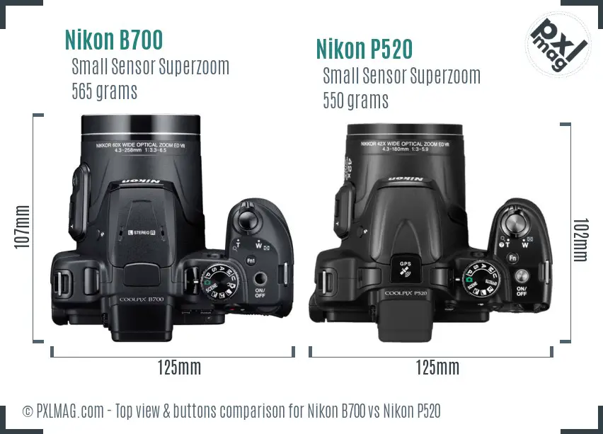 Nikon B700 vs Nikon P520 top view buttons comparison