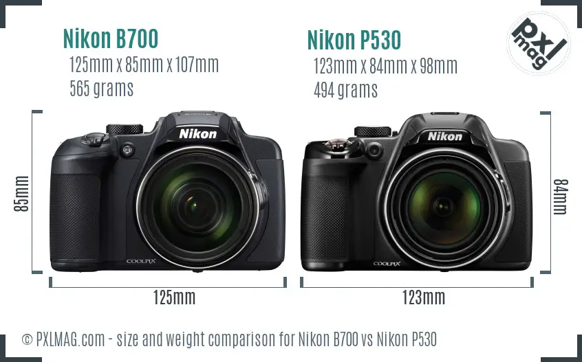 Nikon B700 vs Nikon P530 size comparison