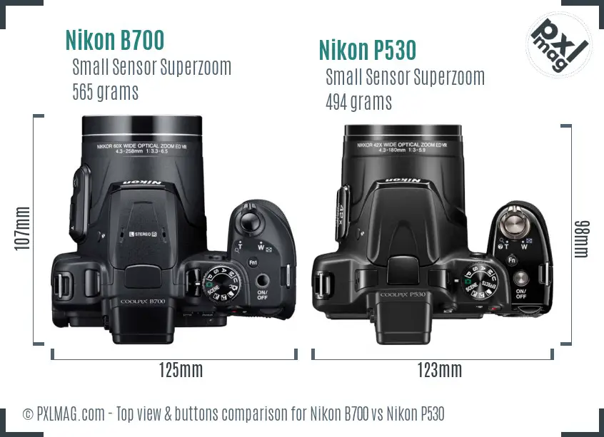 Nikon B700 vs Nikon P530 top view buttons comparison