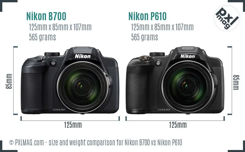 Nikon B700 vs Nikon P610 size comparison