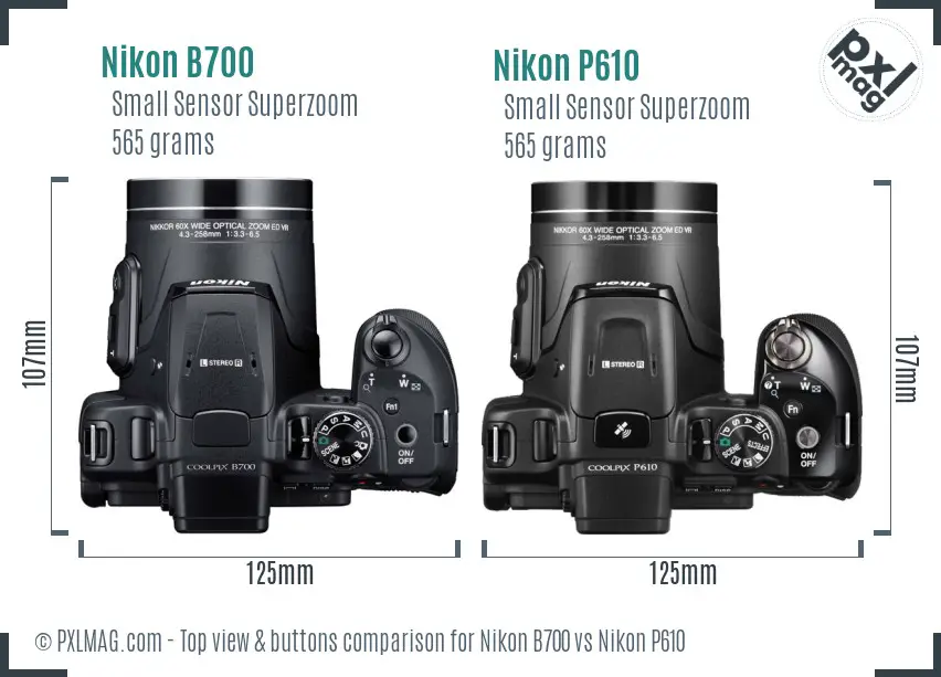 Nikon B700 vs Nikon P610 top view buttons comparison