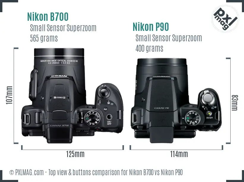 Nikon B700 vs Nikon P90 top view buttons comparison