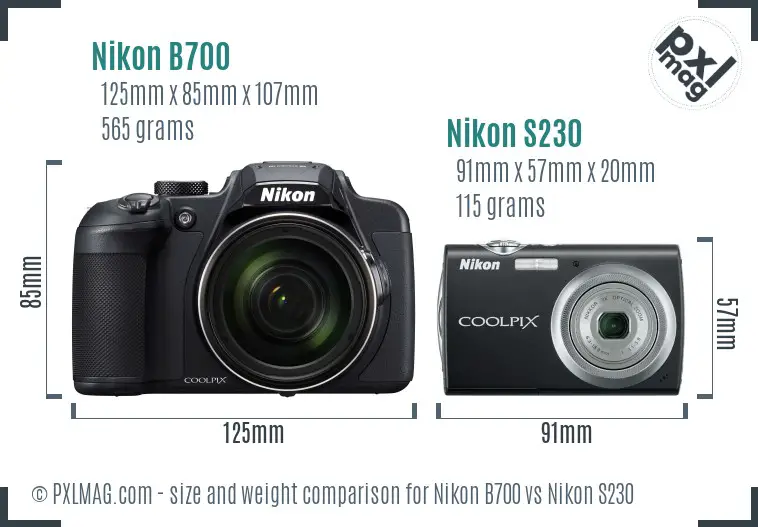 Nikon B700 vs Nikon S230 size comparison