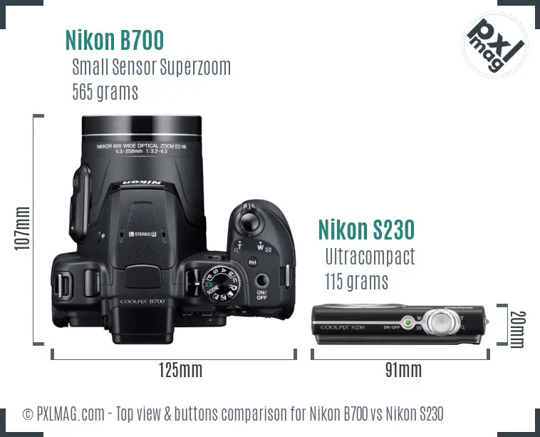 Nikon B700 vs Nikon S230 top view buttons comparison