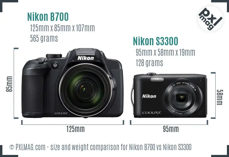 Nikon B700 vs Nikon S3300 size comparison