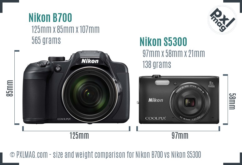 Nikon B700 vs Nikon S5300 size comparison