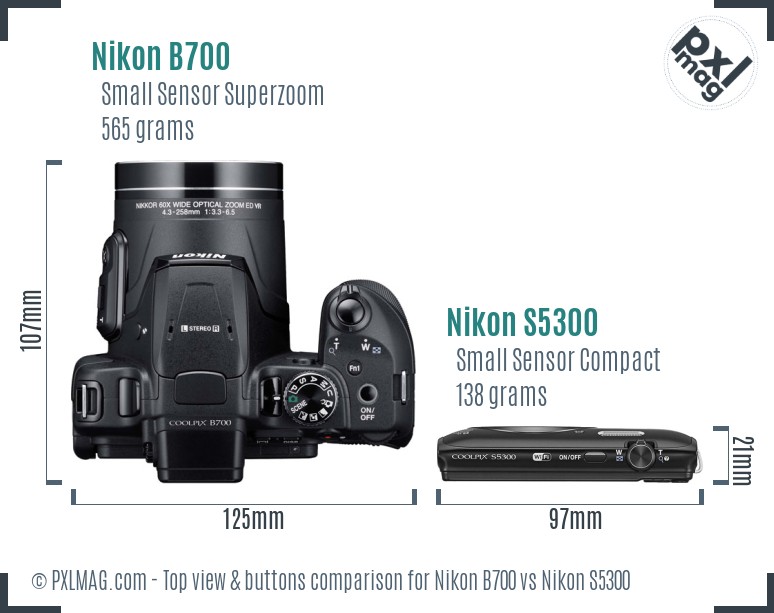 Nikon B700 vs Nikon S5300 top view buttons comparison