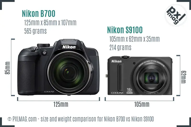 Nikon B700 vs Nikon S9100 size comparison