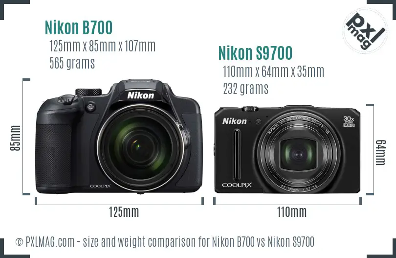 Nikon B700 vs Nikon S9700 size comparison