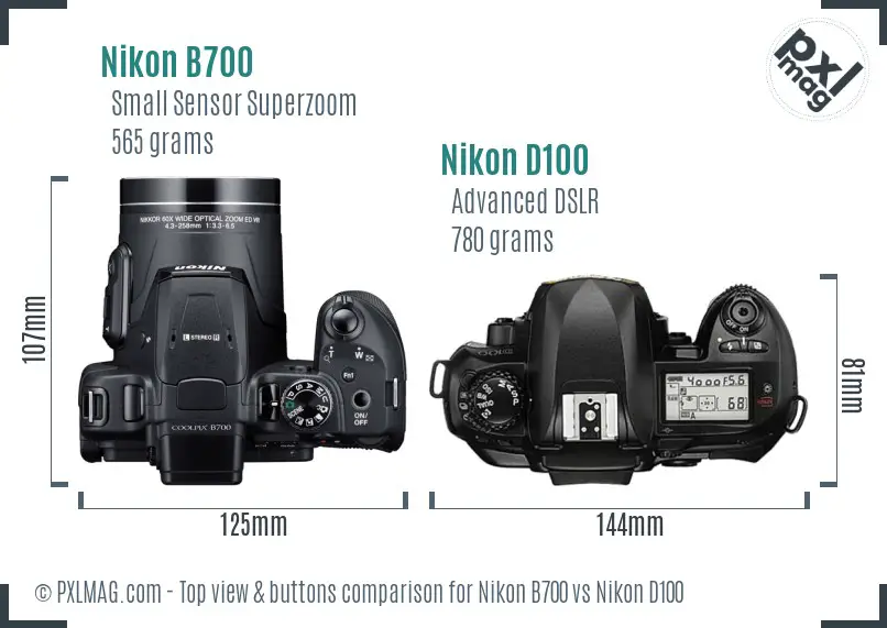 Nikon B700 vs Nikon D100 top view buttons comparison