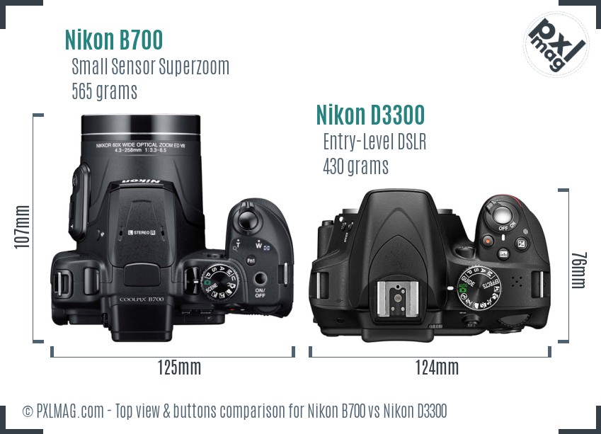 Nikon B700 vs Nikon D3300 top view buttons comparison