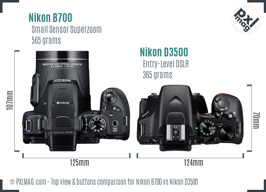 Nikon B700 vs Nikon D3500 top view buttons comparison