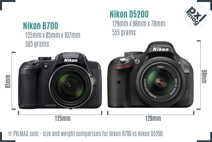 Nikon B700 vs Nikon D5200 size comparison