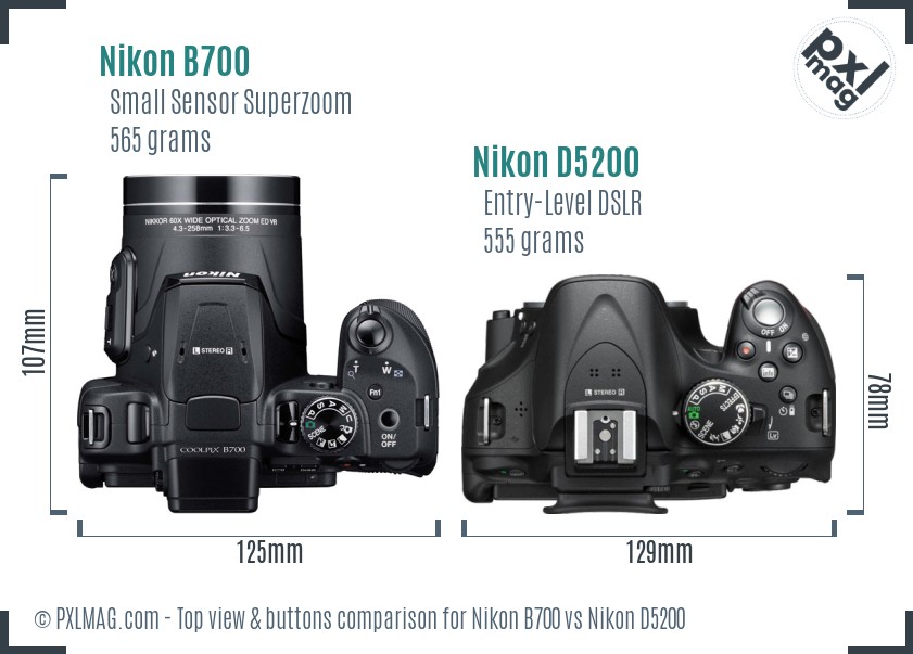 Nikon B700 vs Nikon D5200 top view buttons comparison