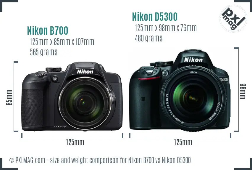 Nikon B700 vs Nikon D5300 size comparison