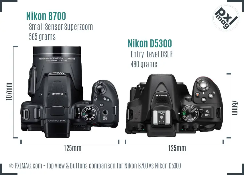 Nikon B700 vs Nikon D5300 top view buttons comparison