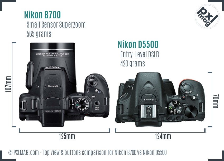 Nikon B700 vs Nikon D5500 top view buttons comparison