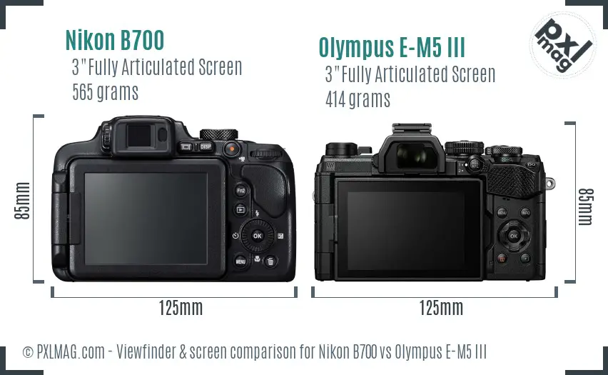 Nikon B700 vs Olympus E-M5 III Screen and Viewfinder comparison