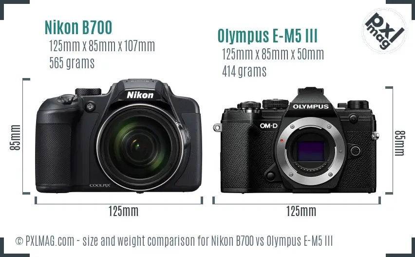 Nikon B700 vs Olympus E-M5 III size comparison