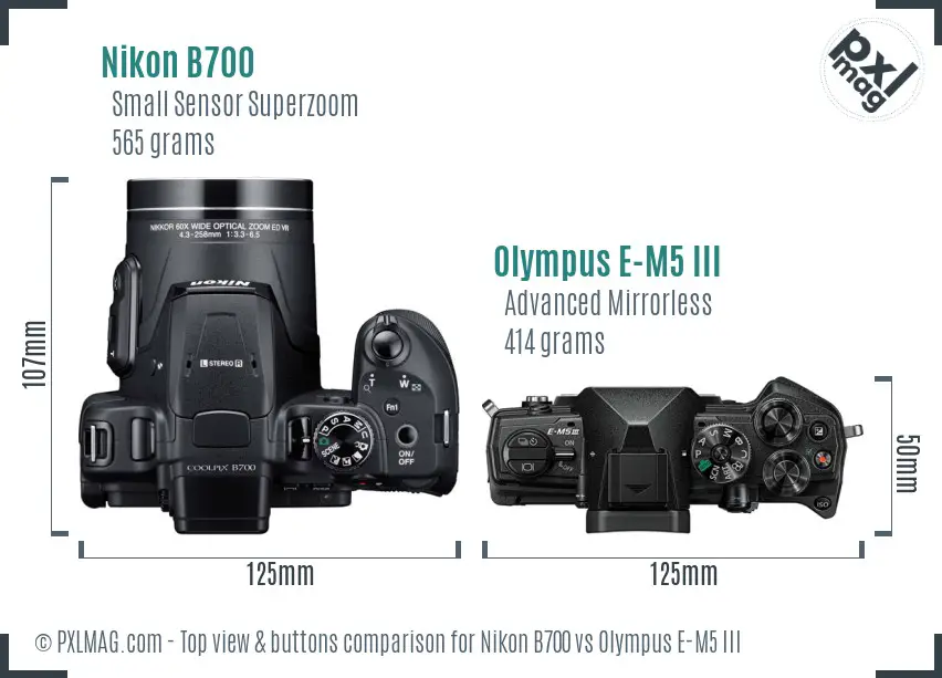 Nikon B700 vs Olympus E-M5 III top view buttons comparison