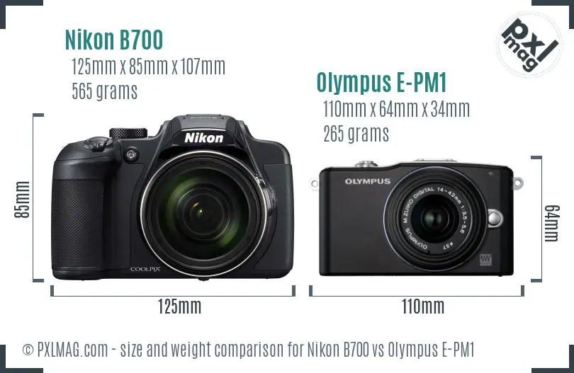 Nikon B700 vs Olympus E-PM1 size comparison