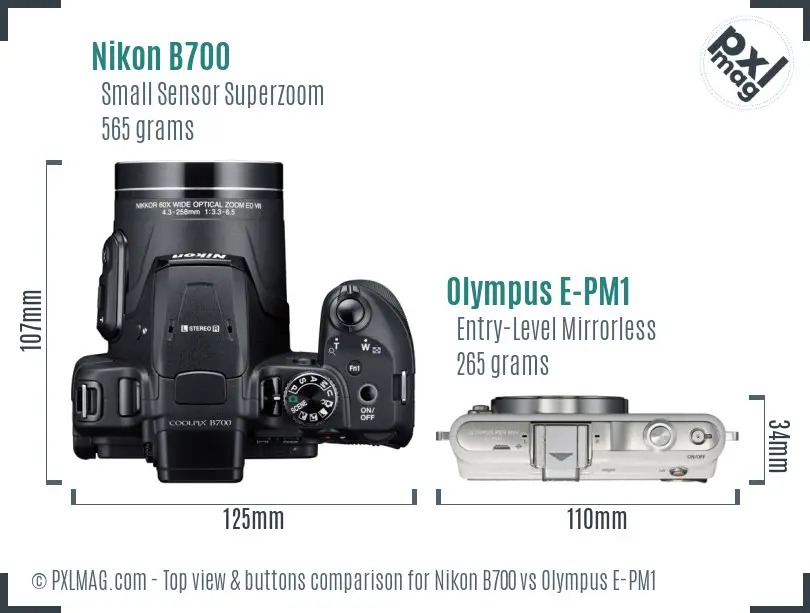 Nikon B700 vs Olympus E-PM1 top view buttons comparison