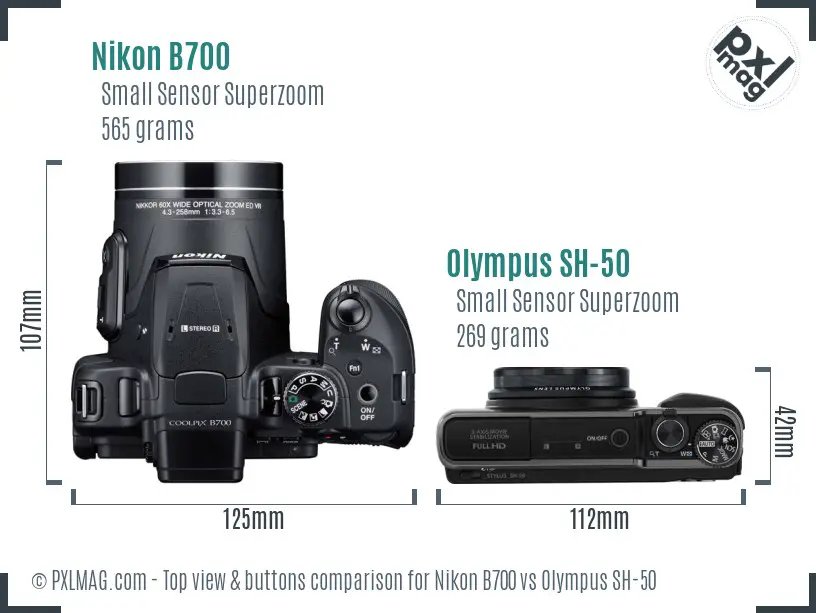 Nikon B700 vs Olympus SH-50 top view buttons comparison