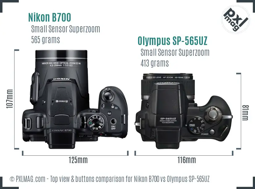 Nikon B700 vs Olympus SP-565UZ top view buttons comparison