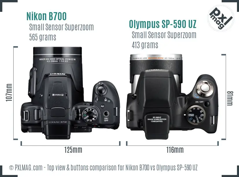 Nikon B700 vs Olympus SP-590 UZ top view buttons comparison