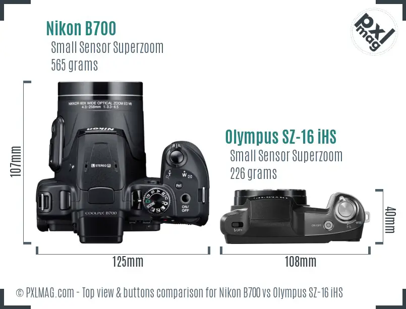 Nikon B700 vs Olympus SZ-16 iHS top view buttons comparison