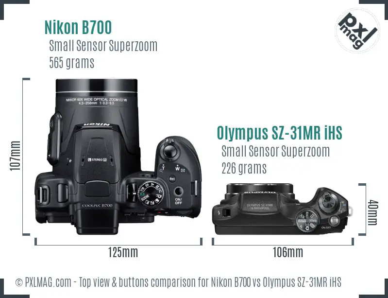 Nikon B700 vs Olympus SZ-31MR iHS top view buttons comparison