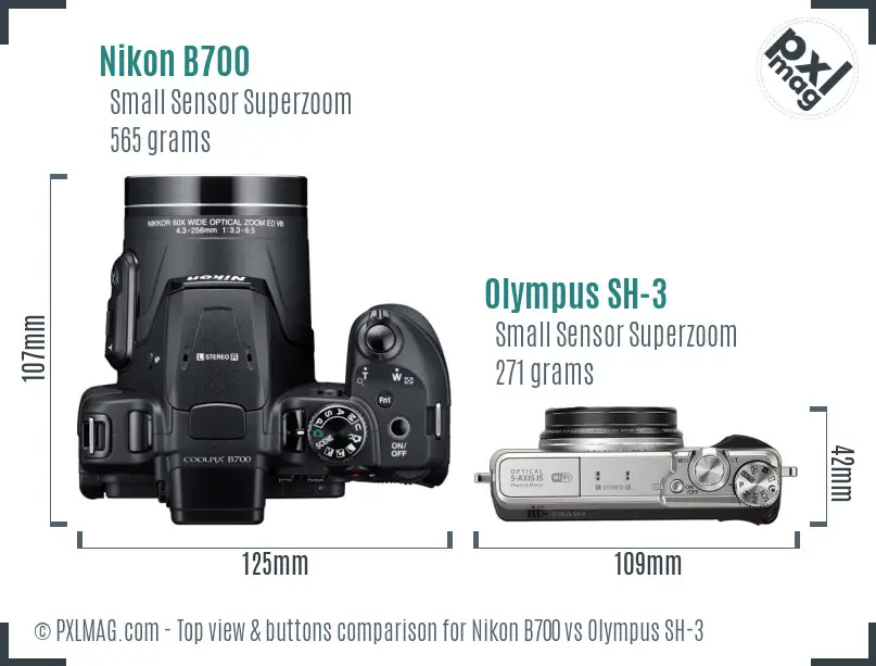 Nikon B700 vs Olympus SH-3 top view buttons comparison