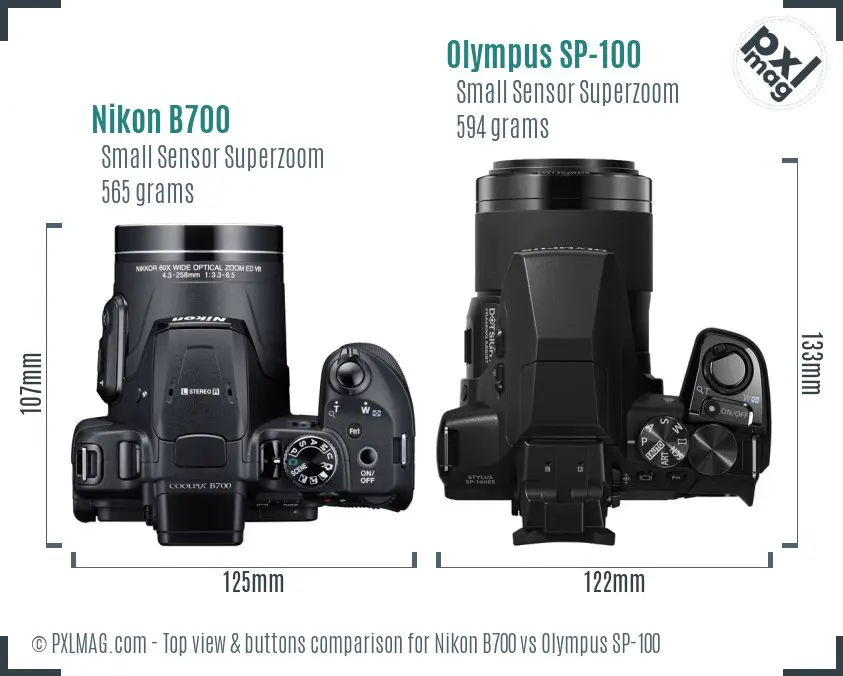 Nikon B700 vs Olympus SP-100 top view buttons comparison