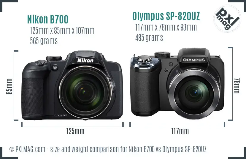 Nikon B700 vs Olympus SP-820UZ size comparison